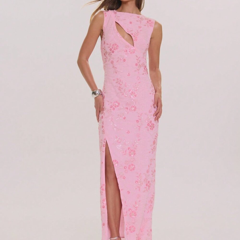 Baby Pink Elegant Women's Maxi Dress with Beaded Sequin Cut-Out Side Split